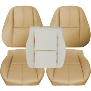 SecosAutoparts Driver and Passenger Side Bottom and Top Lean Back Replacement Leather Seat Cover and Driver Foam fit for Chevy Silverado fit for GMC Sierra Tahoe Suburban Avalanche Yukon 2007-2014 Tan