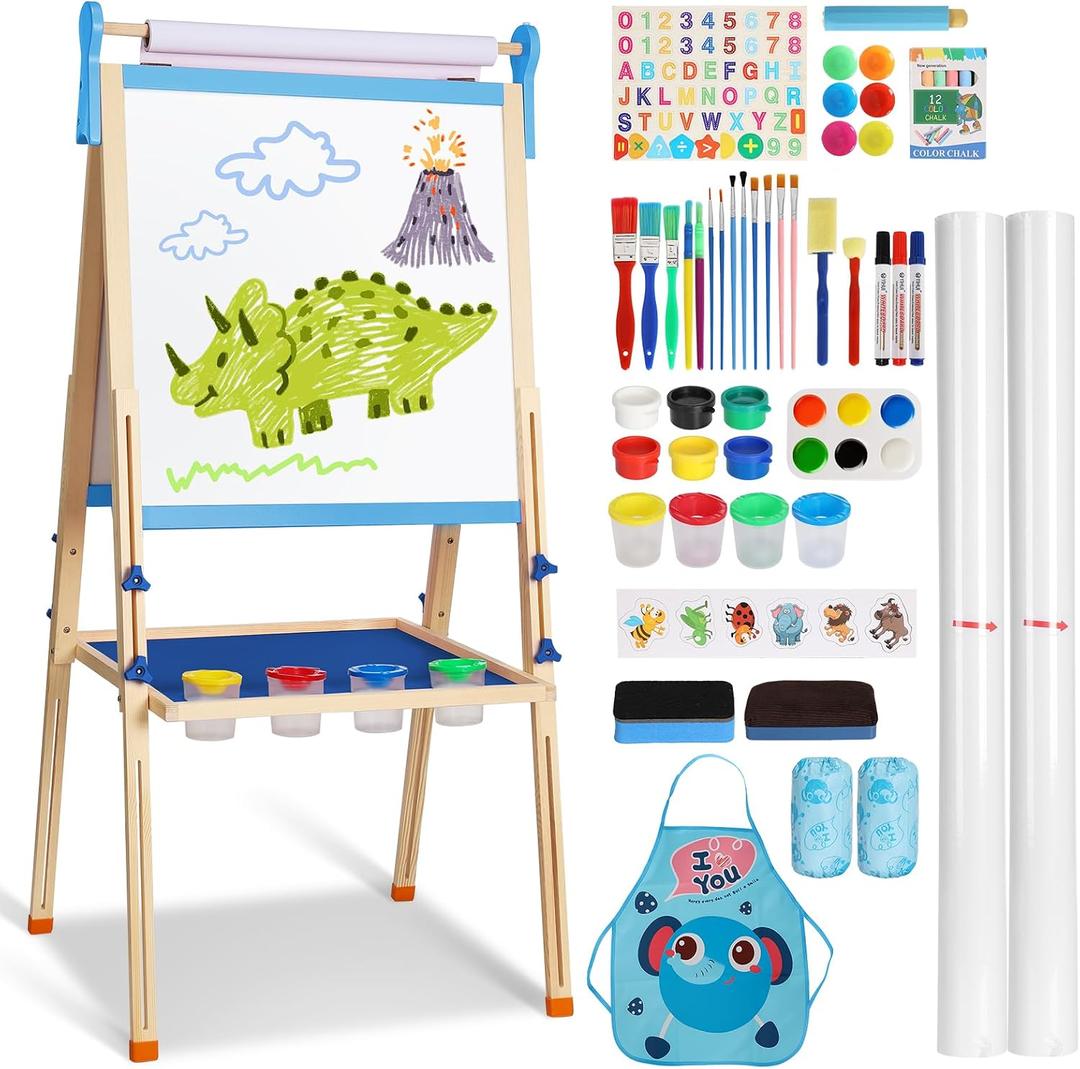 YOHOOLYO Kids Easel Wooden Children Art Easel Paper Roll,Double Sided Magnetic Whiteboard Chalkboard Dry Eraser Adjustable Height for Boys Girls Gifts, 20" x 16" x 4"