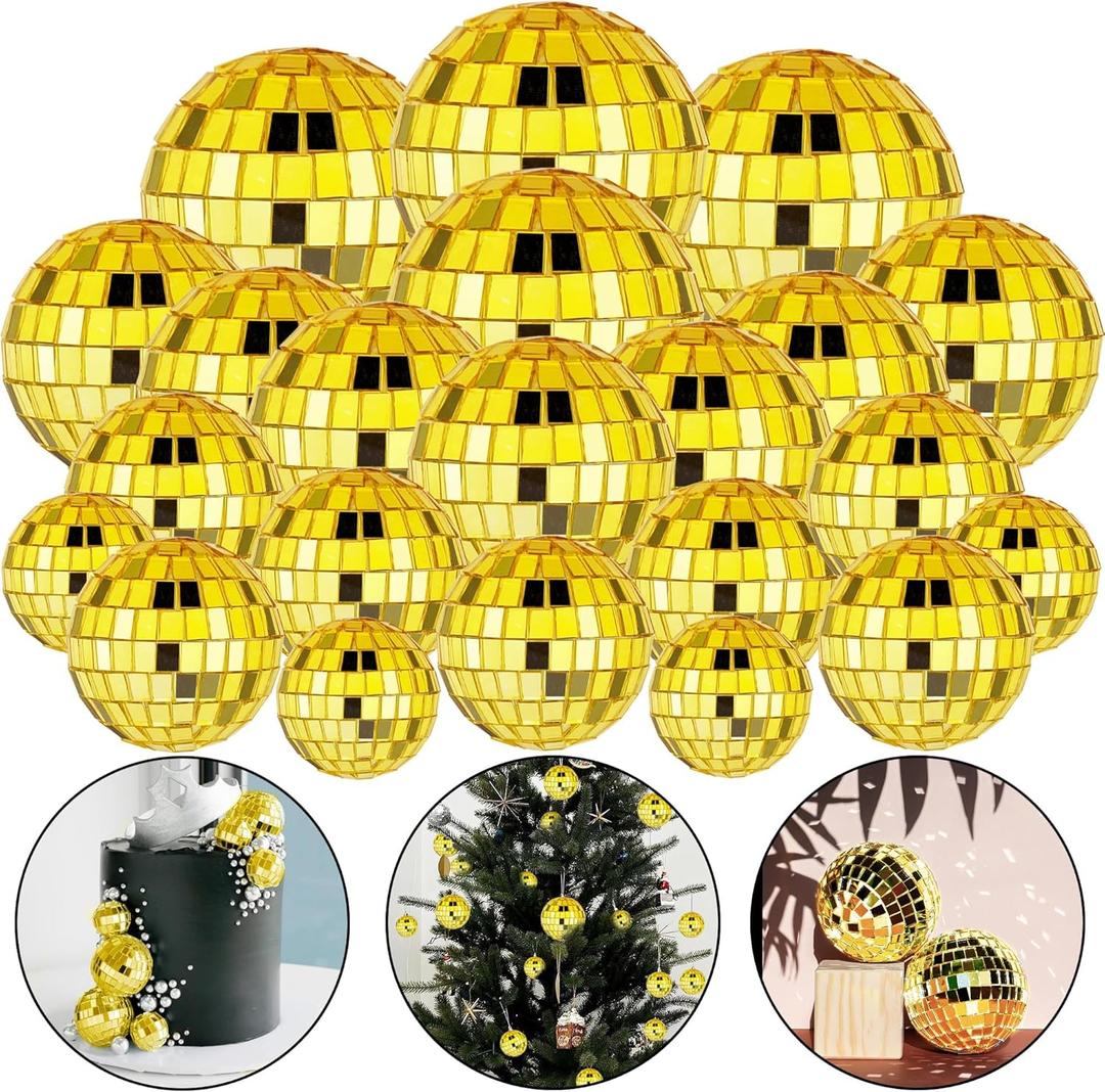 27 PCS Gold Disco Ball Cake Ornaments Reflective Mirror Balls for 70s Disco Themed Party Christmas Tree Decoration