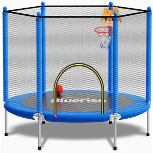 55'' Indoor&Outdoor with Enclosure Trampoline for Kids Gifts 4.5FT，6FT，Indoor&Outdoor Trampoline Gift for kids，With Enclosure，Basketball Hoop，Swing，Adjustable Gym Bar，No-Gap Design