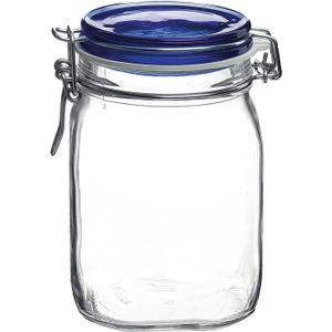 Bormioli Rocco Fido Square Jaw with Blue Lid, 33-3/4-Ounce, 33.75 Ounce, Clear
