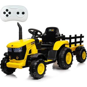 Kids Ride on Tractor with Remote Control, 12V Battery Powered Electric Tractor and 35W Dual Motors for Kids Bluetooth Music/USB, 3-Gear-Shift, Safety Belt, 7-LED Lights, Yellow (Normal)