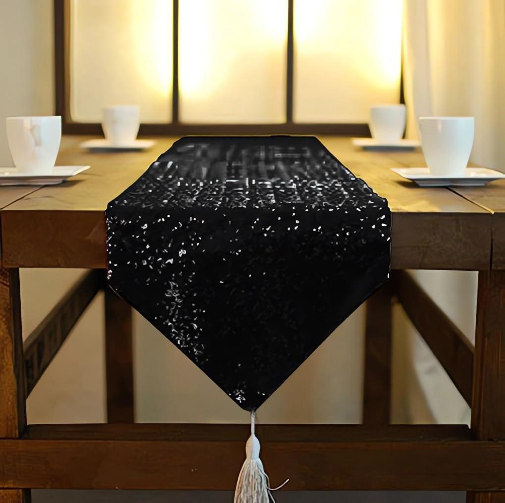 ShinyBeauty 72 Inch Sequin Table Runner - Black with Tassel, 12x72 Inches, Glitter Metallic Linen for Kitchen, Birthday, Wedding Decor, Elegant Sequins Table Overlay