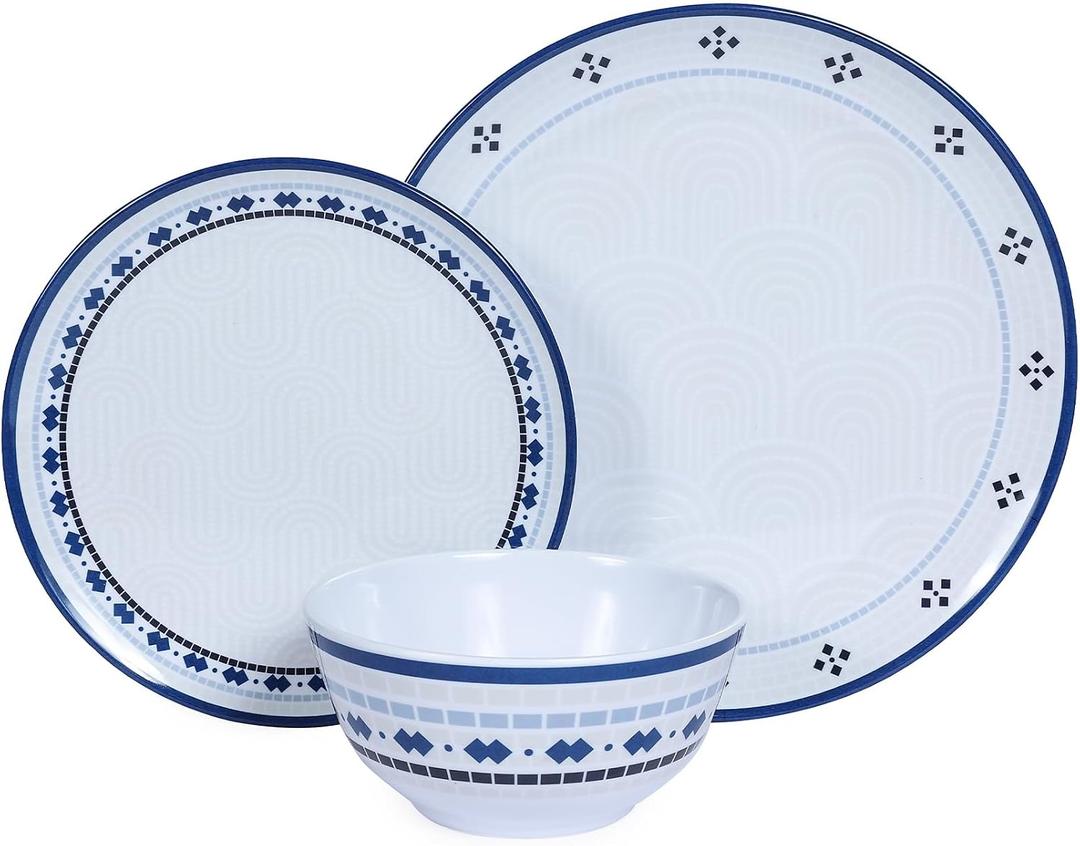 Melamine Dinnerware Set, 12pcs Plates and Bowls Set, Blue Dinner Dishes Set for Indoor and Outdoor, BPA-Free, Dishwasher Safe, Blue