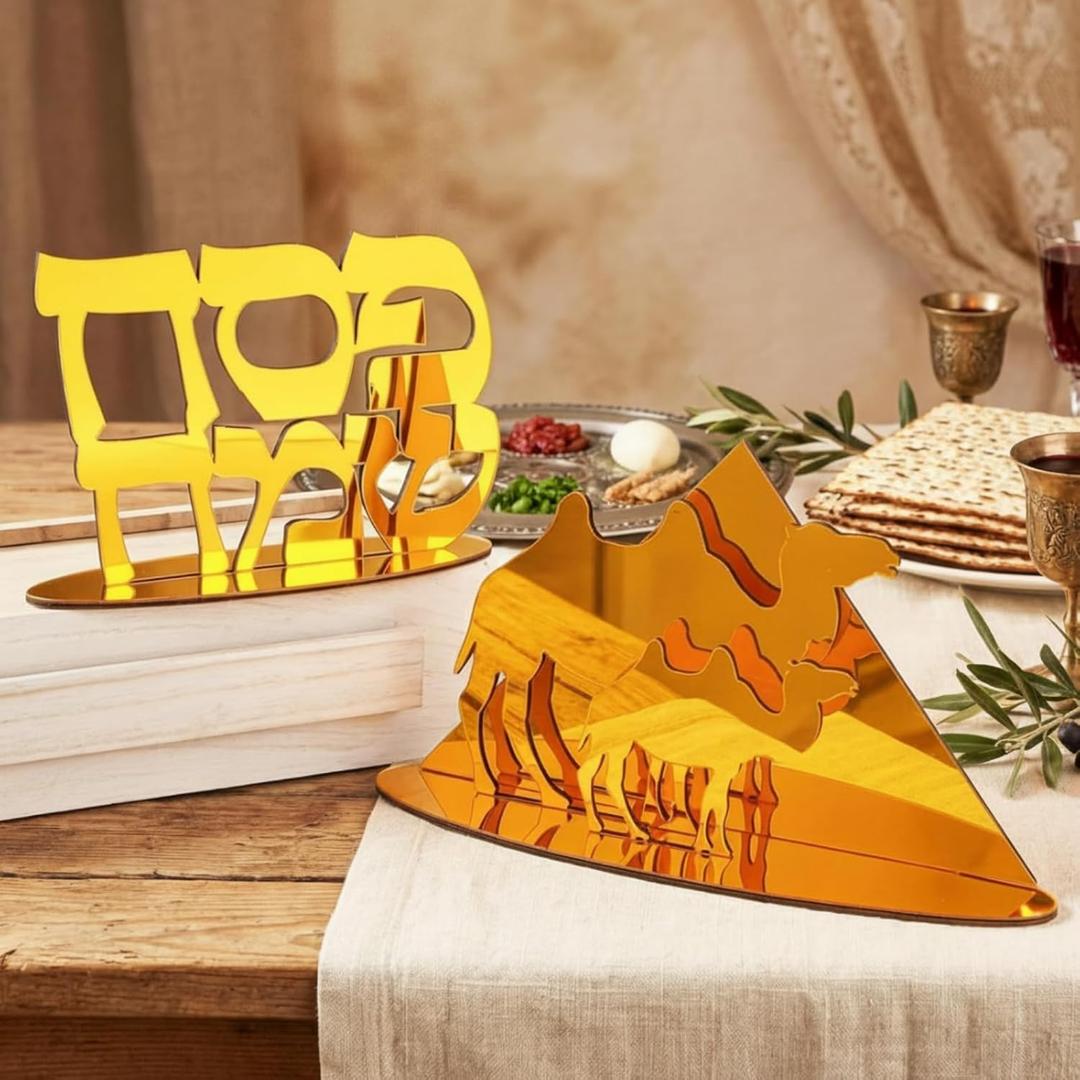 Youyole 2 Pcs Passover Table Decorations Pyramid Camel Hebrew Text Decor Acrylic Happy Passover Table Decoration Sameach Sign Decor for Pesach Party Supplies
