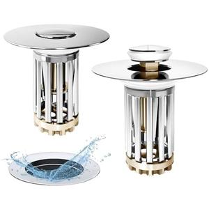 WSYLEN Bathroom Sink Drain Strainer, Bathroom Sink Stopper Pop Up with Two-Section Removable Brass Basket Hair Catcher, Universal for 1.1 to 1.6in Drain, Chrome Silver, 2 PCS, Set of 2