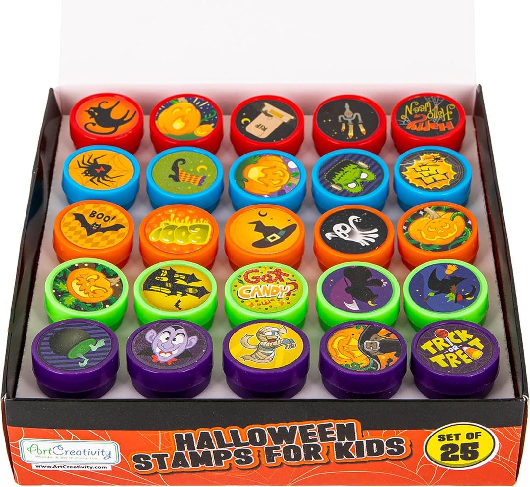 ArtCreativity Halloween Stamps for Kids, Pack of 25 Assorted Pre-Inked Spooky Stampers, Best for Party Favors, Goodie Bag Fillers, Trick or Treat Toy Supplies, Birthday Gift Bags, Pumpkin Stamp