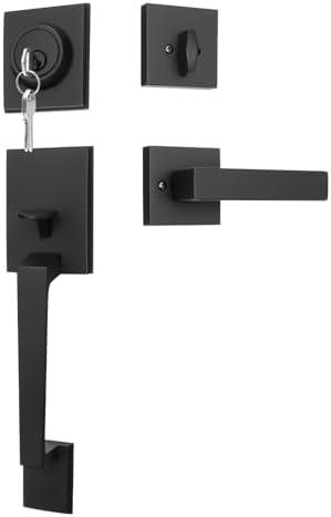 goldenwarm Front Door Handle and Deadbolt Set, Black Front Door Lock Set with Reversible Handle Lever, Modern Front Door Hardware, Single Cylinder Front Door Entry Lock, Front Door Handles and Locks