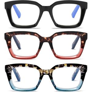 3 Pack Oversize Square Design Reading Glasses for Women,Fashion Readers with Spring Hinge (Black&Blue sunset&Pink sunset, 2.5)