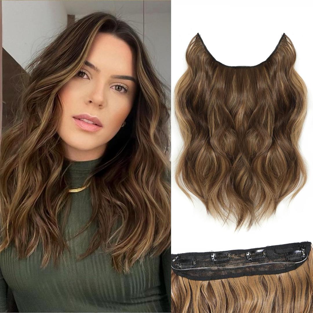 Halo Hair Extensions 12 Inch Invisible Wire Hair Extensions Adjustable Long Wavy Hairpiece Synthetic Upgrade 4 Secure Clips in Hairpieces 12 Inch,Honey Blonde Mix Light Brown