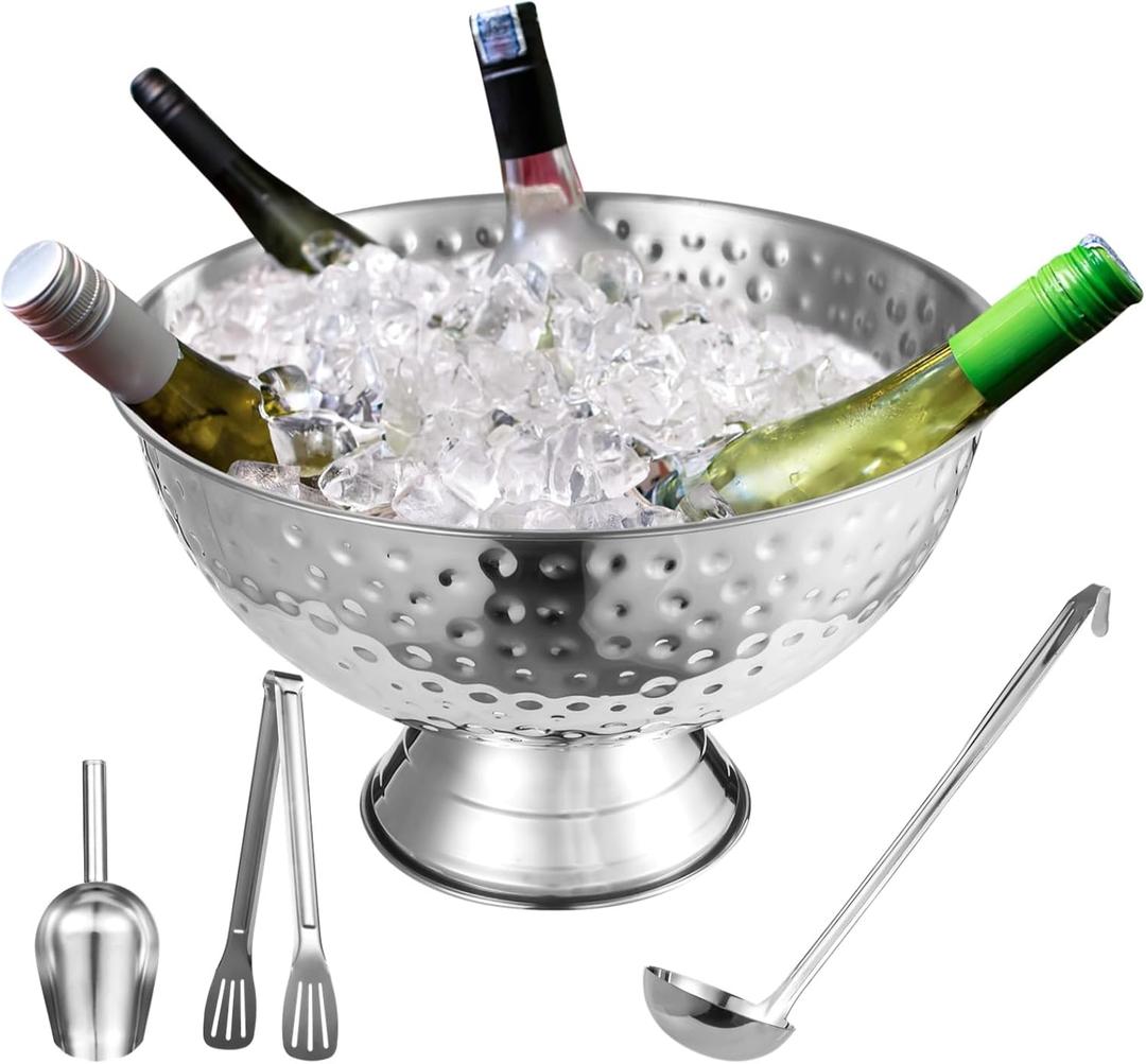 Ice Bucket Set for Champagne Bottle, Large 12L Stainless Steel Ice Bowl with Hammered Finish, Includes Scoop, Tongs and Ladle, Ice Bucket for Cocktail Bar, Bar Cart, Parties, Weddings, Celebrations