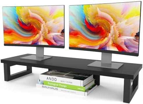 WESTREE Dual Monitor Stand Riser, Wood and Steel Monitor Stand Riser, Computer Monitor Stand for 2 Monitors, Multi-Purpose Desktop Storage Stand for Computer,Laptop,Printer,TV