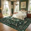 Dark Green Insect Large Area Rugs 9x12 for Living Room Indoor, Butterfly Dining Room Rug Under Table, Low-Pile Machine Washable Floral Non Slip Soft Bug Rug for Bedroom Playroom Office with Flower