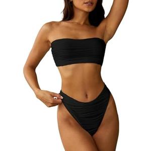 ZAFUL Women Strapless Textured Bandeau Bikini 2 Piece Swimwear Cheeky Solid Lace up Bathing Suits.M