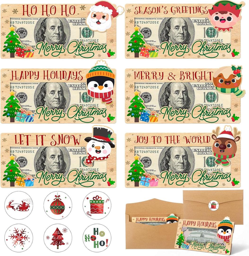 Capoda 6 Pcs Christmas Money Holder Wooden Money Box DIY Cash Envelope Wallet Xmas Greeting Card Cash Holder Decor for Xmas Winter Holiday Birthday Party Favor Supplies (Cute)