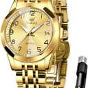 OLEVS Womens Watch Classic Dress Number Female Watches for Ladies Analog Quartz Stainless Steel Waterproof Luminous Day Date Two Tone Easy to Read Wristwatch (all gold watch)