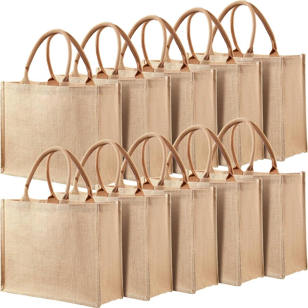 Shappy 10 Pack Burlap Tote Bag Set, Reusable Blank Jute Burlap Grocery Bag with Handle for Bridesmaid Gift Shopping DIY(Jute)