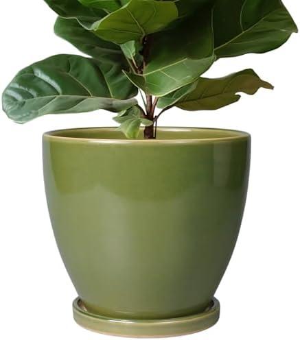 EPFamily Ceramic Pots for Plants - 10 Inch Planter for Indoor Ourdoor Plants Modern Large Flower Pot with Drainage Hole and Saucer Room Home Office Garden Patio Porch Decor Green