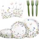 Audree 96 Pcs Wildflower Party Supplies, 24 set Disposable Paper Plates and Napkins for Party Baby Shower, Wedding, Birthday, Perfect for Guests Set Dinner and Dessert Plates, Napkins, Plastic Forks