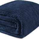 Exclusivo Mezcla Soft Fleece Blanket King Size, Cozy Lightweight Blankets with Decorative Wave Textured Suitable for All Season Use, Navy Blue, 90x104 Inches