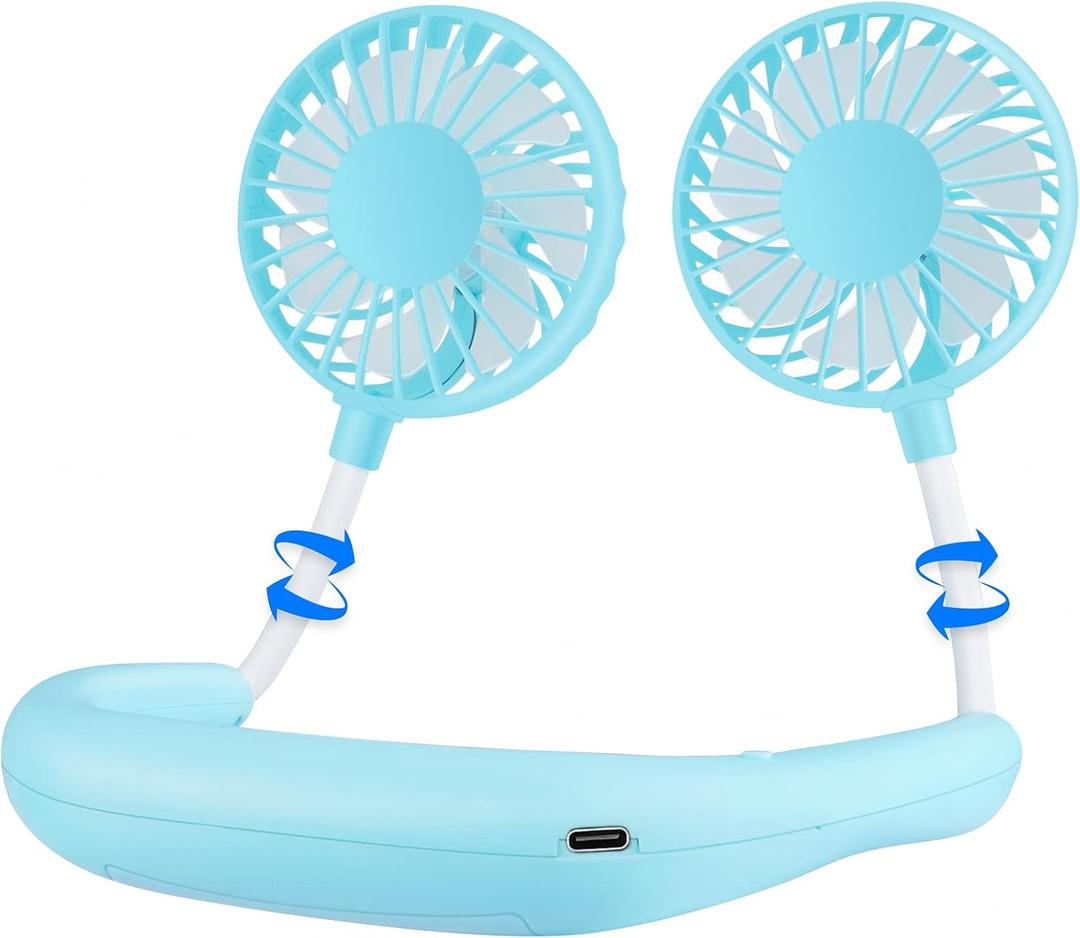 Portable Neck Fan 2500 mAh Rechargeable USB Hands-Free Mini Face Cooling Personal Double Headed Rotatable Small Fan for Working Office Reading Traveling Outdoor Sport (Blue)