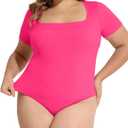 FOREYOND Plus Size Bodysuits for Women Short Sleeves Square Neck Body Suit Tops Casual Basic Slim Fit Shirts Leotards, Hot Pink, 2XL