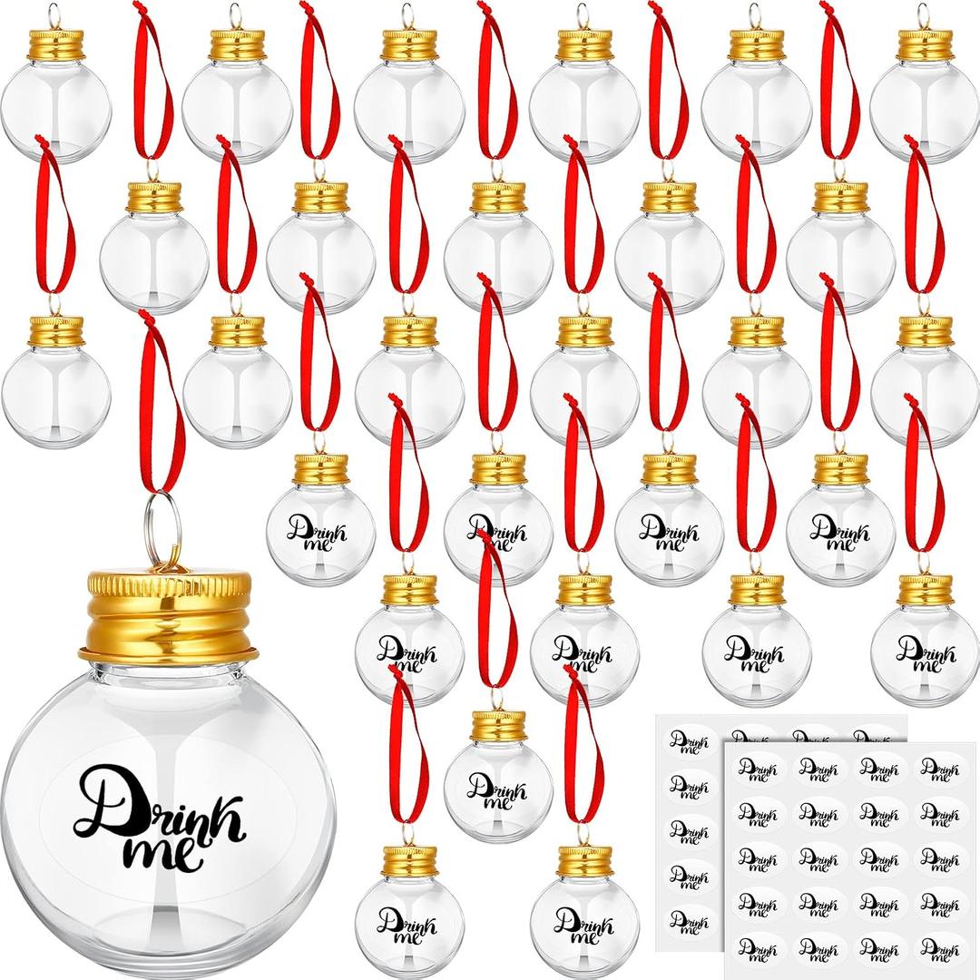 Patelai 36 Pieces Christmas Drink Balls, Clear Plastic Fillable Xmas Ornaments Drink Bulbs, Xmas Tree Hanging Ornaments, Water Bottle with Stickers, DIY Hanging Pendant Ball for Party Decor (Gold)