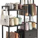 Handbag Organizer - 3 Tier Purse Storage Rack with Pull Out Drawer & 6 Hooks, High Capacity Handbag Holder Shelf, Metal Frame with Wood Shelves for Closet/Bedroom(Dark Grey)