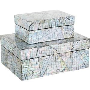 Deco 79 Mother of Pearl Shell Abstract Handmade Decorative Box Angular Mosaic Storage Decorative Keepsake Box with Iridescent Finish, Set of 2 Storage Box 12", 8"W, Multi Colored