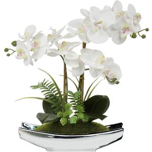 Briful Orchids Artificial Flowers 15" White Phalaenopsis Orchid with Silver Pots Real Touch Faux Orchid Plant for Home Office Living Room Table Decoration (White#2)