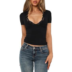 Women's Short Sleeve Sexy Lace Trim V-Neck Slim Fit Daily Basic Black Tees Spring Summer Going Out Casual Vacation Crop Tops Trendy Y2K Clothing (8638, XS, Black)