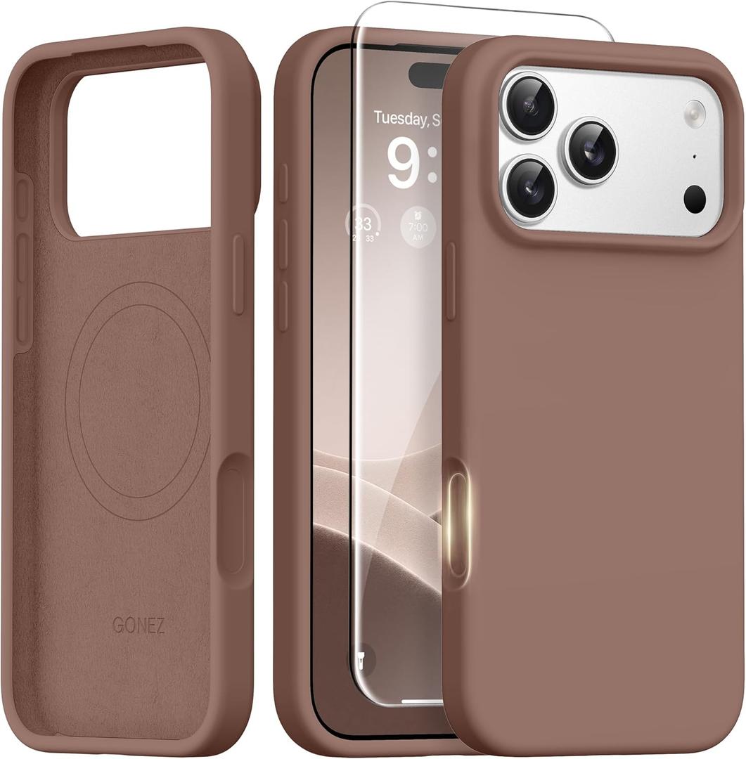 GONEZ Magnetic for iPhone 17 Pro Case, [Compatible with MagSafe] Anti-Scratch Microfiber Lining & Screen Protector, Silicone Camera Control, Shockproof Slim Phone Cover 6.3 inch, Brown
