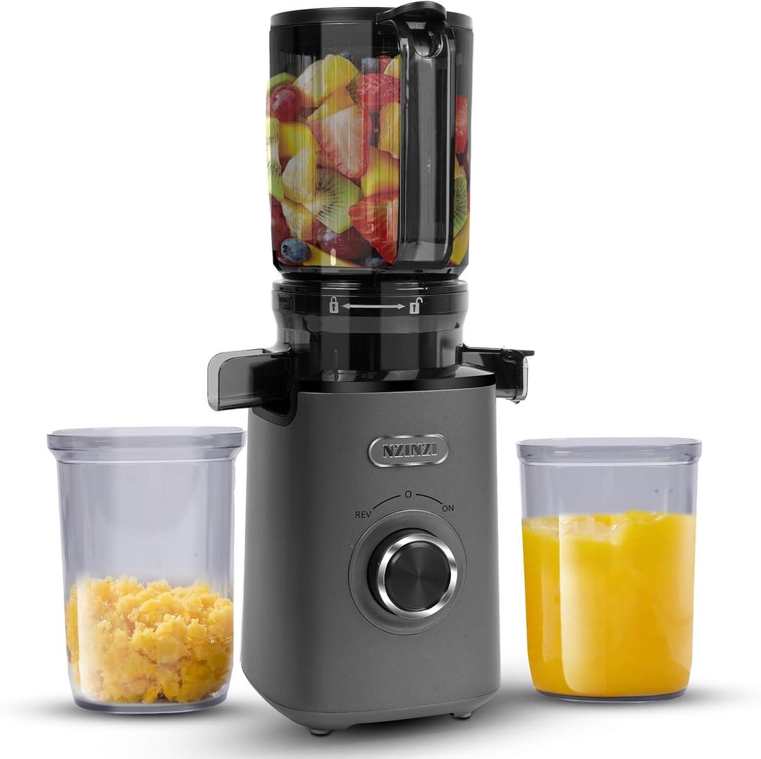 Cold Press Juicer, Slow Juicer Machine Easy to Clean, Self-Feeding Masticating Juicer with Large Feed Chute for Whole Fruits and Vegetables, High Juice Yield, Gray