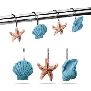 AGPtek Seashell Shower Curtain Hooks, 12PCS Anti Rust Decorative Resin Hooks for Bathroom, Baby Room, Bedroom, Living Room Decor (Blue Seashell)