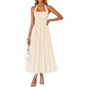 ZESICA Women's Summer Sleeveless Floral Maxi Dresses 2026 Halter Neck Flowy A Line Formal Cocktail Wedding Guest Long Dress (Beige, L)