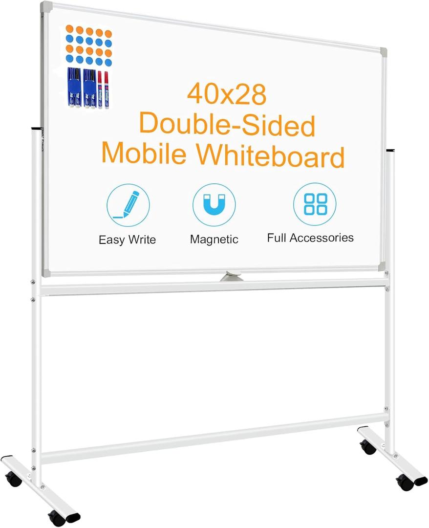 BSTPCOO Mobile White Board with Stands 40"x28", Double-Sided Rolling Whiteboard on Wheels Magnetic Dry Erase Board with Stand Portable Standing White Board for Classroom, Office, Home (Silver)