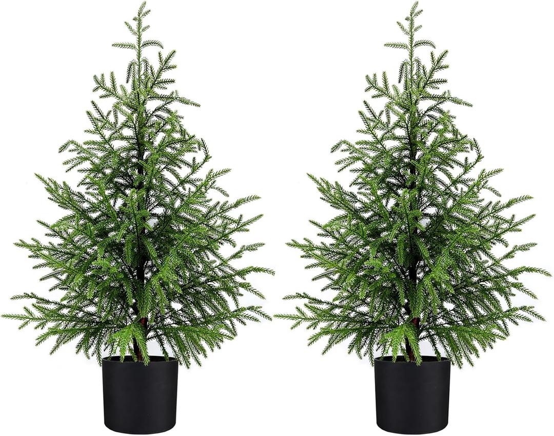 2 Pack 3FT Artificial Topiary Tree Real Touch Norfolk Pine Tree, UV Resistant Artificial Pine Outdoor Plants for Front Porch Decor, Fake Greenery Outdoor Plants Realistic Faux Indoor Tree