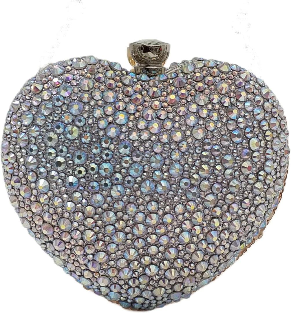 Cute Heart Shape Clutch Purse Mini Love Heart Rhinestone Wedding Handbag Party Women Purse (Silver Ab)