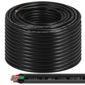 200FT 12/4 SJOOW 300V Wire, 12 AWG 4 Conductor 200FT Portable Power Cable 300V Copper Cord, 12 Gauge 4 Conductor 75 Foot Cable for Motor Leads, Portable Lights, Battery Chargers and Machinery