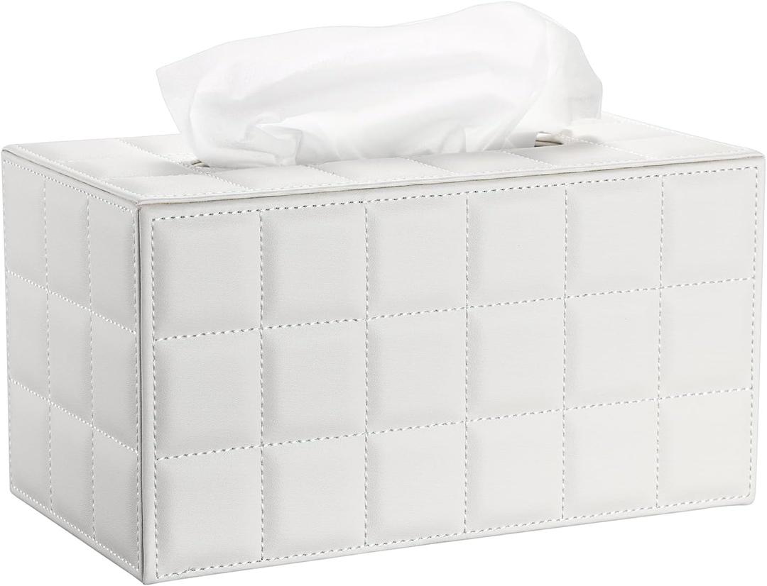 Sumnacon Tissue Box Cover Rectangle Leather Tissue Box with Magnetic Bottom,PU Tissue Box Holder Decorative Grid White Tissue Cover for Bathroom Toilet Bedroom Kitchen Office Table Desk, Large