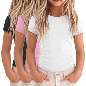 3 Pack Girls Short Sleeve T Shirts Slim Fit Tees Ruched Side Summer Basic Tops for Kids 5-14 Years Back to School