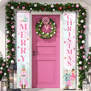 Nut-cracker Christmas Porch Sign Banner Decoration,Merry Christmas Supplies Pink Christmas Nut-cracker Door Hanging Banner for 2023 Winter Xmas Front Door Welcome Decoration