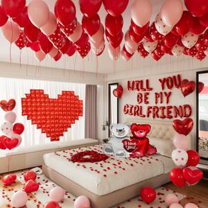 Red 'WILL YOU BE MY GIRLFRIEND' Balloons Sign,Valentines Day Decorations,Confession Letter Balloons with Red and Pink balloons,Love Foil Balloons and Rose Petals for Romantic Special Night Decorations
