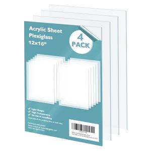 Egofine Plexiglass Sheets Acrylic Sheets 4 Pack of 12x16 0.04 Thick Clear Plastic Cast Transparent Plexi Glass for Crafting Projects, Replacement Picture Frame Glass, DIY Display, Easy to Cut