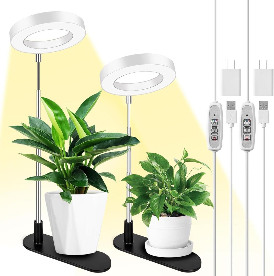 LORDEM Plant Grow Light, Full Spectrum Halo Desk Light, Height Adjustable 7.8"-26", LED Growing Lamp, Automatic Timer 4H/8H/12H, 4 Level Dimmable, Ideal for Indoor Plants, White, 2 Pack