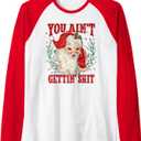 Retro You Ain't Getting Shit Funny Santa Christmas Raglan Baseball Tee, White/Red, Medium 
