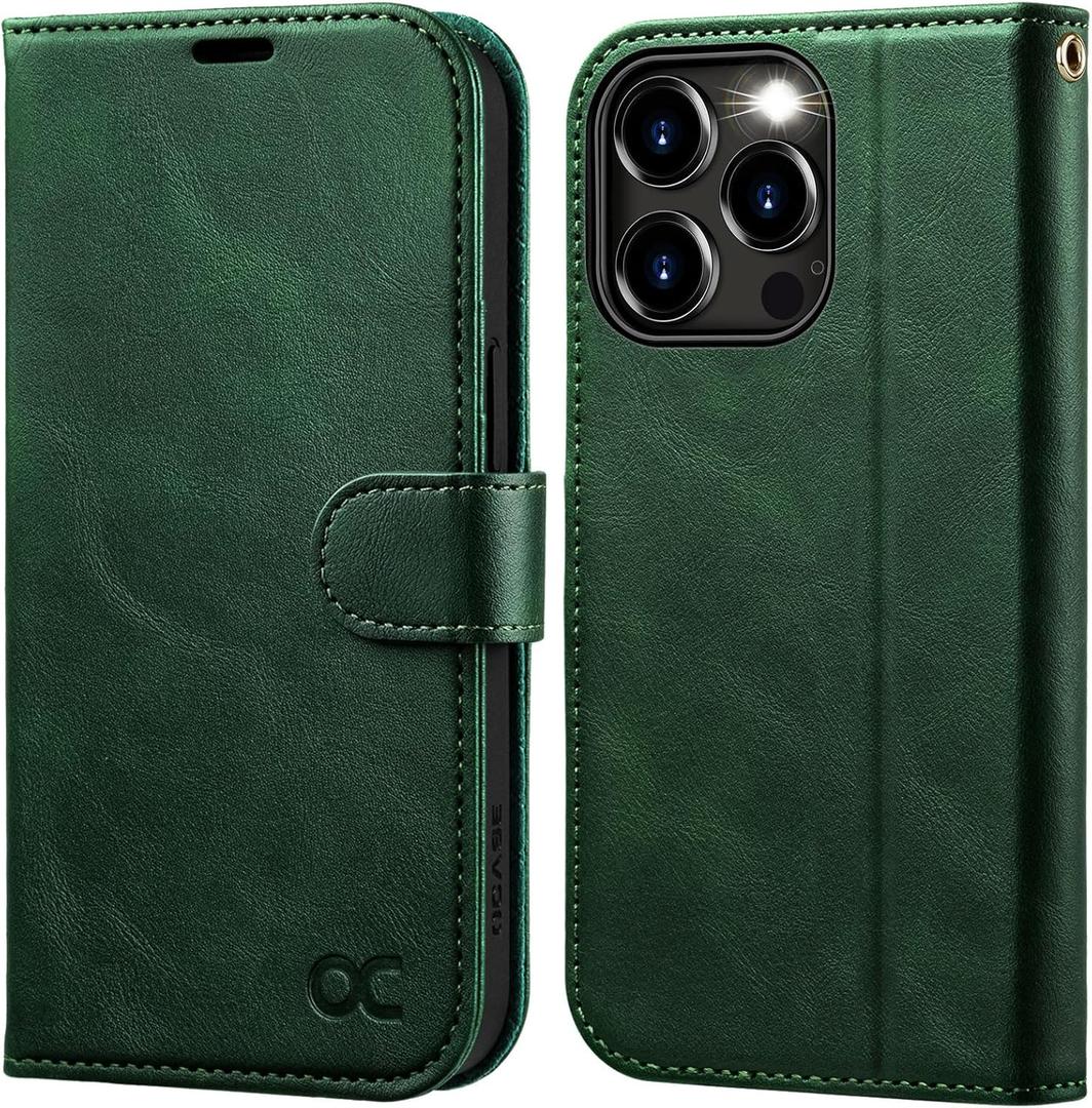 OCASE Compatible with iPhone 15 Pro Max Case Wallet Case, PU Leather Flip Folio Case with Card Holders RFID Blocking Kickstand Shockproof Phone Cover 6.1 Inch 2023, Blackish Green