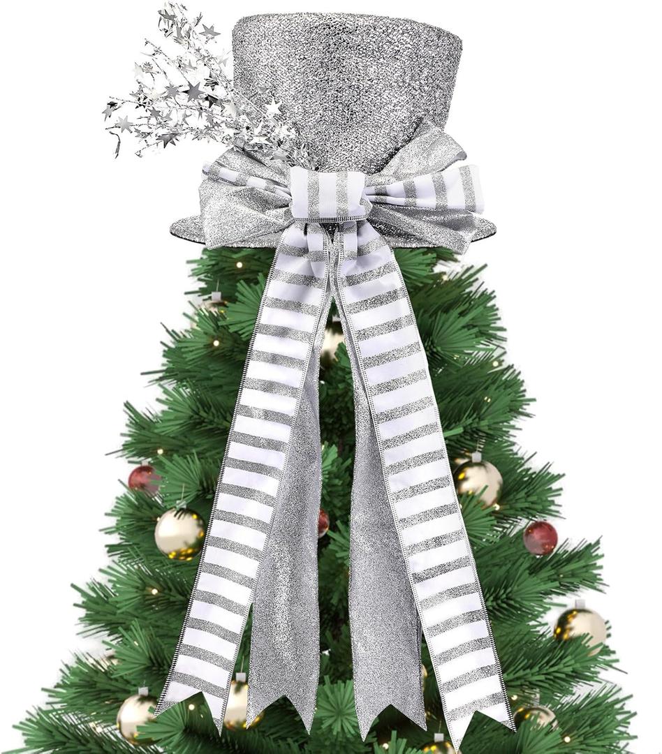 Poen Christmas Tree Topper Hat Shiny Sequins Top Hat with Bow Lengthened Ribbon Tree Topper Santa Christmas Decorations for Xmas Gift Ideas Holiday Winter Party Ornament Supplies (Silver)