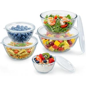 Glass Mixing Bowls with Lids Set of 5(4.7QT, 2.9QT, 2.2QT, 1.1QT, 0.53QT), Thick Glass Large Salad Bowls, Space-Saving Nesting Bowls for Kitchen Baking, Prepping, Cooking, Dishwasher, Microwave Safe