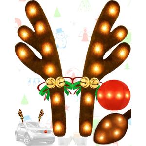 Christmas Reindeer Antlers Car Decoration Kit with LED Warm White Lights, Vehicle Christmas Car Kit with Jingle Bells Rudolph Reindeer and Nose, Tail for The Trunk